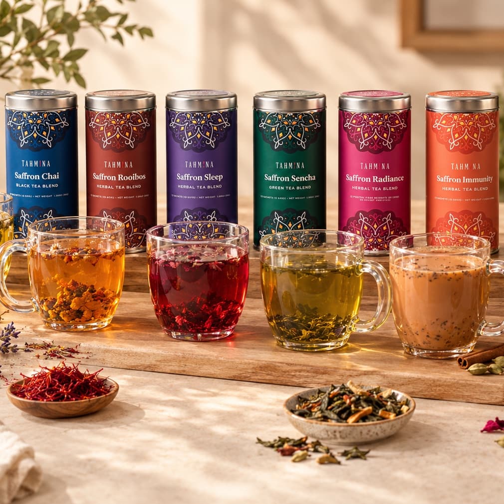 Saffron Chai, Rooibos, Sleep, Sencha, Radiance and Immunity tins behind glass mugs of brewed tea, with dishes of saffron threads and loose tea